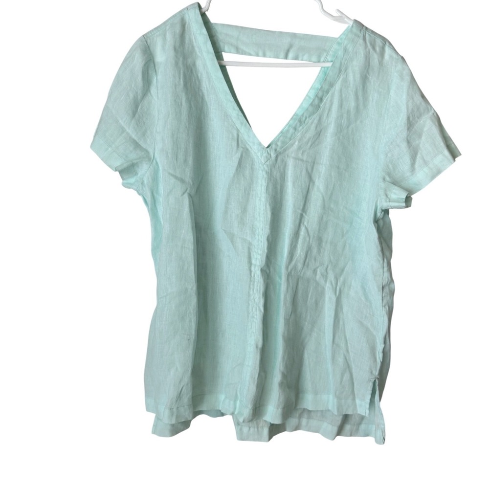 C&C California Mint Green 100% Linen V-Neck Back Strap Detail Top Large